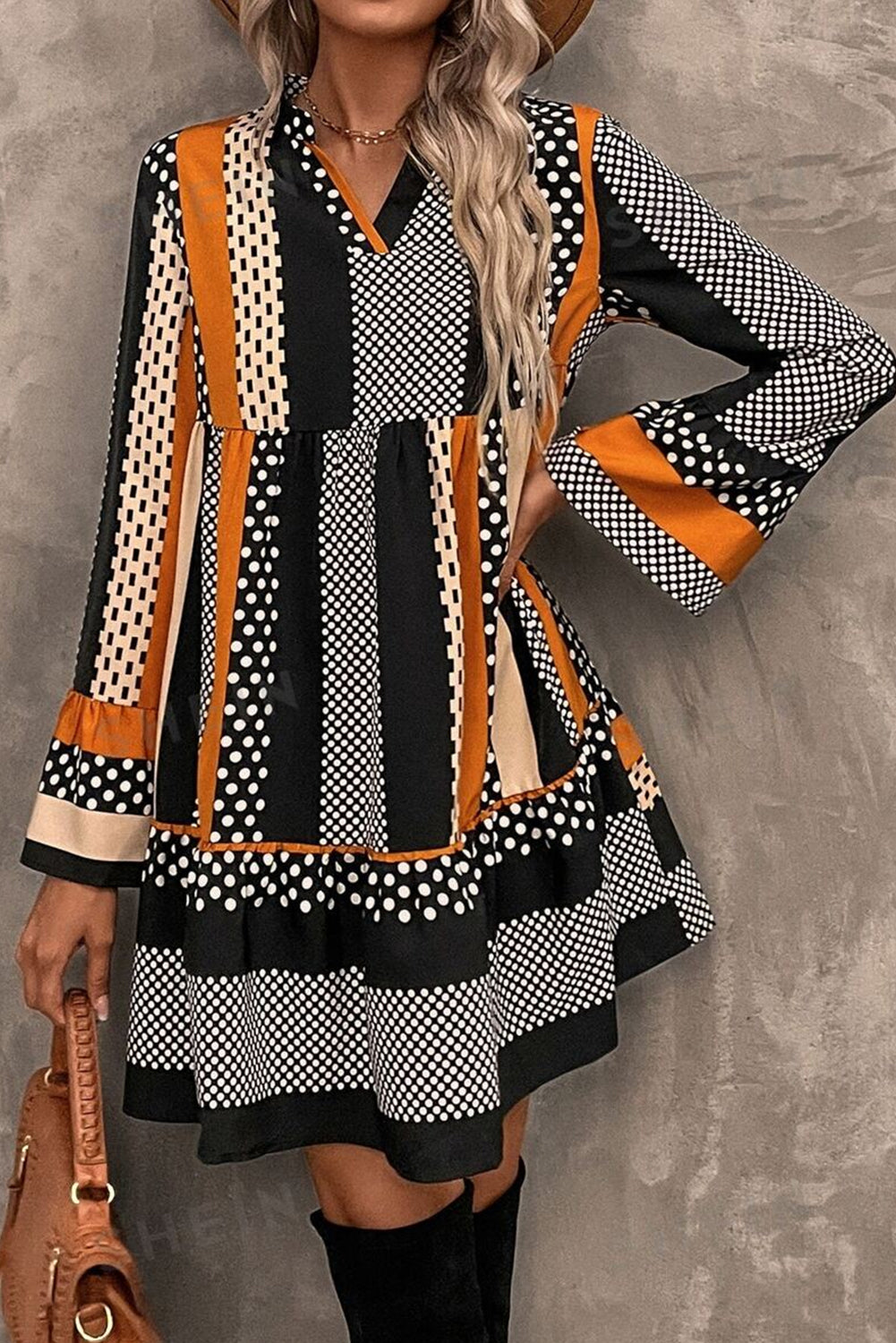 Black Striped Polka Dot Print Ruffled Hem V Neck Mini Dress 🇺🇸