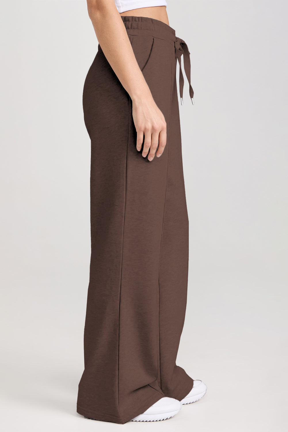 Dark Brown Solid Collared Sweatshirt and High Waist Pants Active Set 🇺🇸