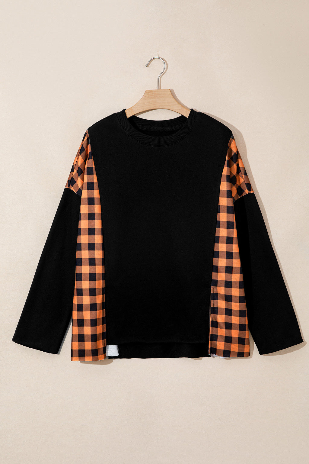 Black Patchwork Plaid Pumpkin Face Long Sleeve Top 🇺🇸