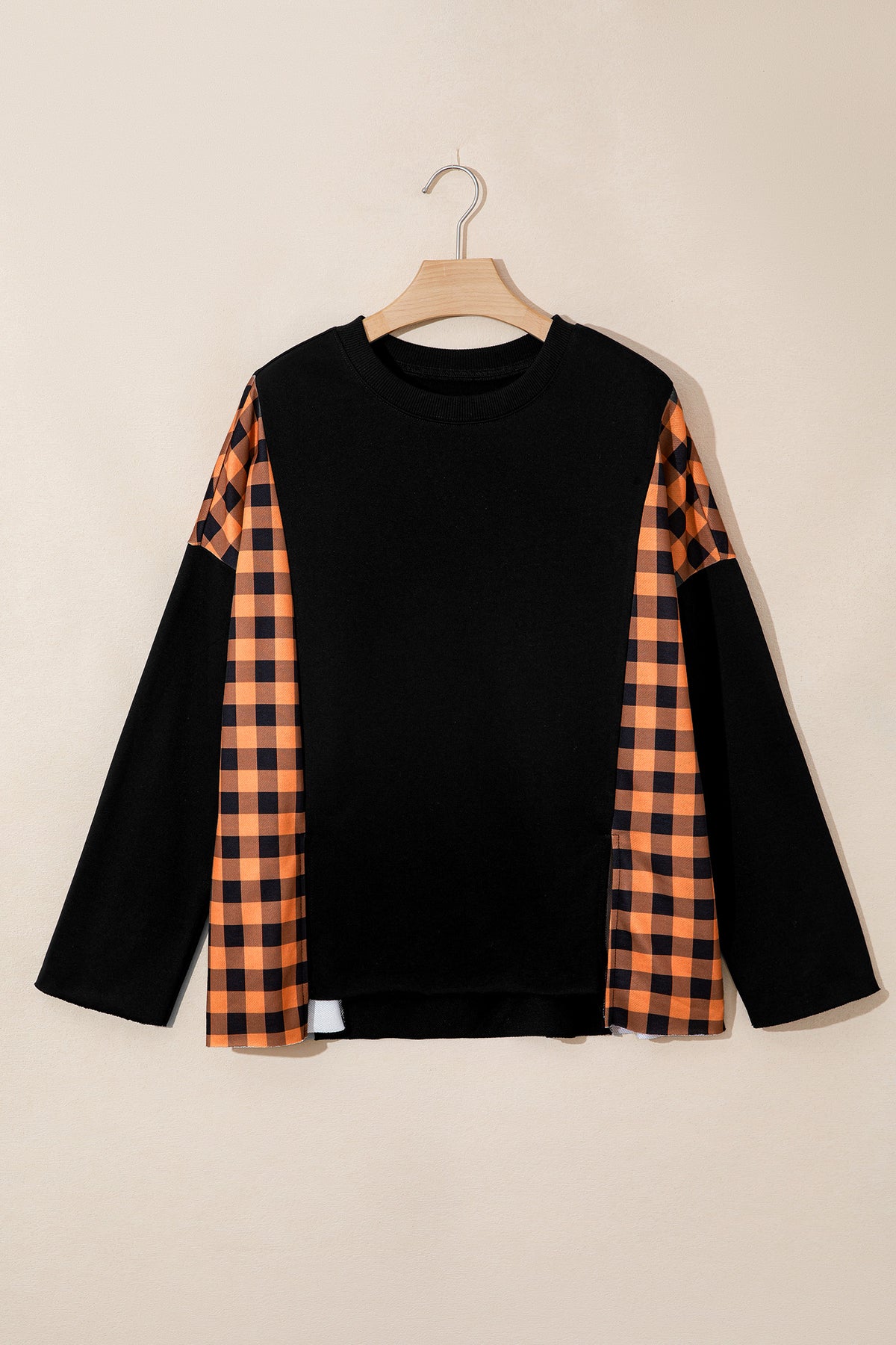 Black Patchwork Plaid Pumpkin Face Long Sleeve Top 🇺🇸