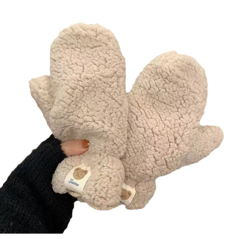 Winter Lambskin Bear Labeling Gloves Women's Halter 🇨🇳
