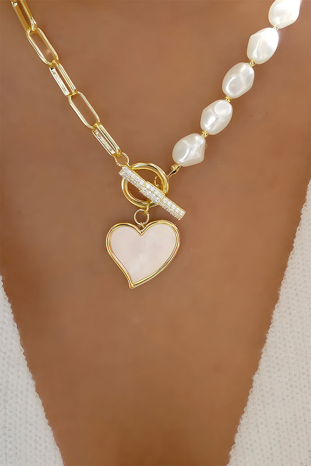 Gold Heart Shape Pendant Rhinestone Decor Pearl Chain Necklace 🇨🇳