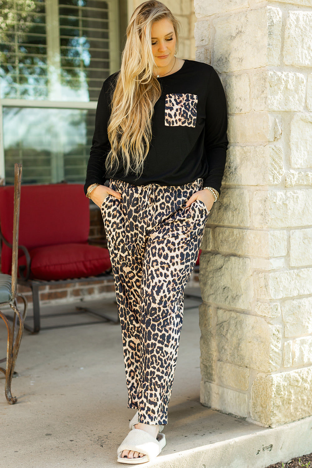 Black Leopard Patched Pocket Long Sleeve Top Plus Size Pants Set 🇺🇸
