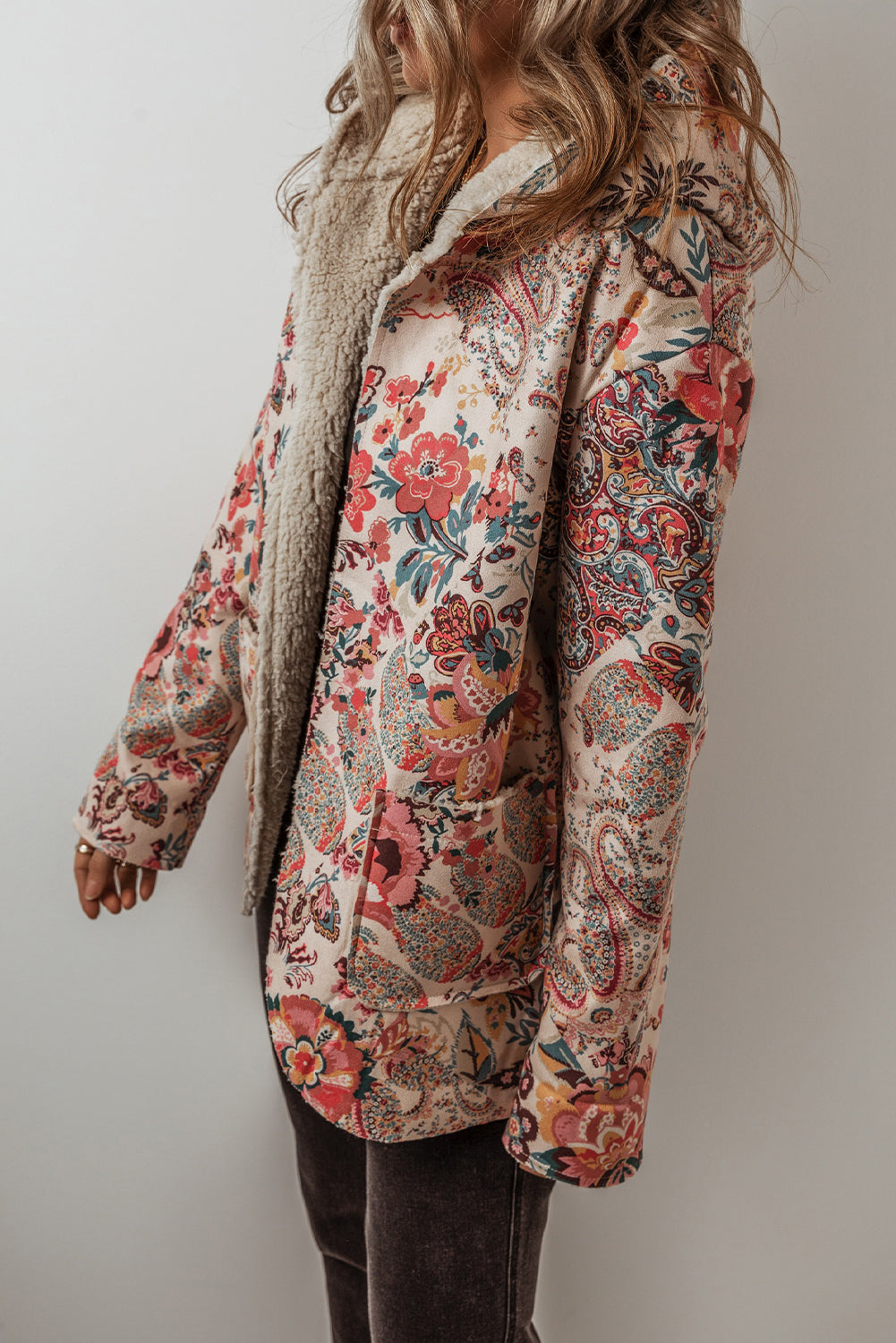 Beige Vintage Paisley Floral Printed Sherpa Lined Hooded Jacket 🇺🇲