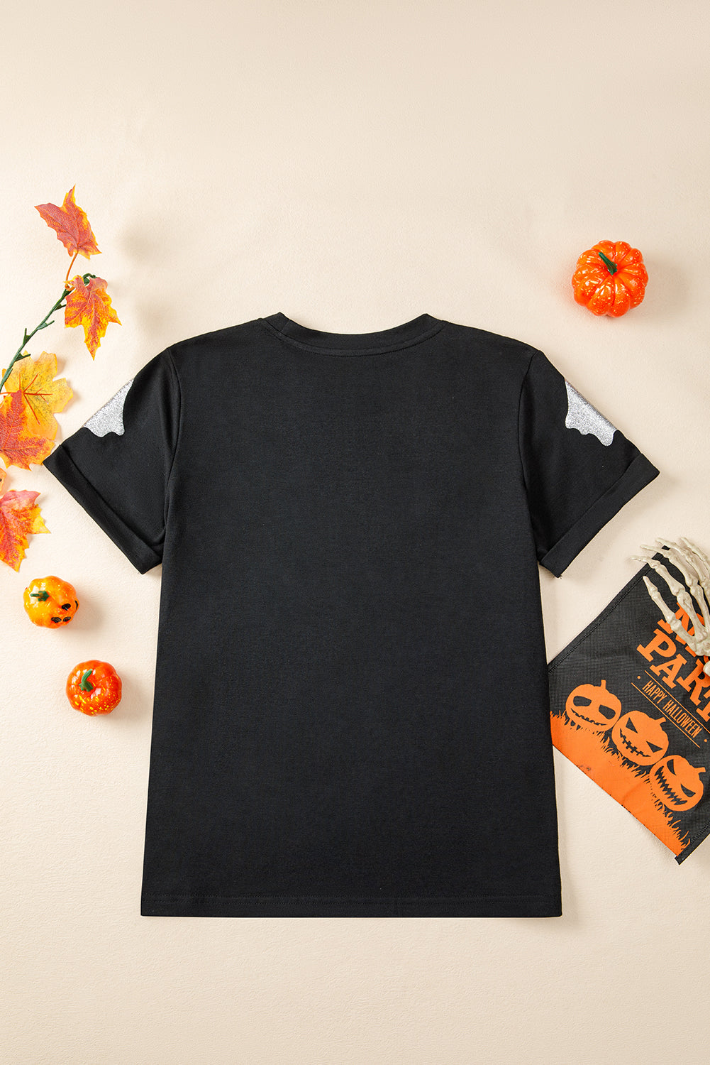 Black Glitter Ghost Pattern Crew Neck Halloween T Shirt 🇺🇸