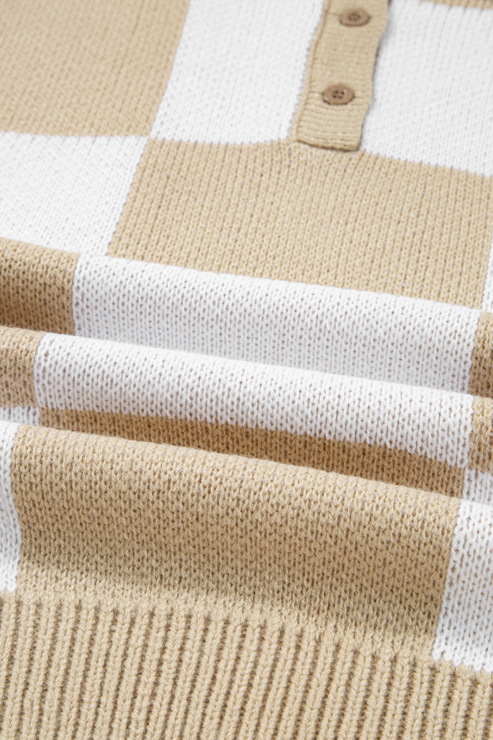 Light French Beige Checkered Pattern Polo Collar Loose Sweater  🇺🇸