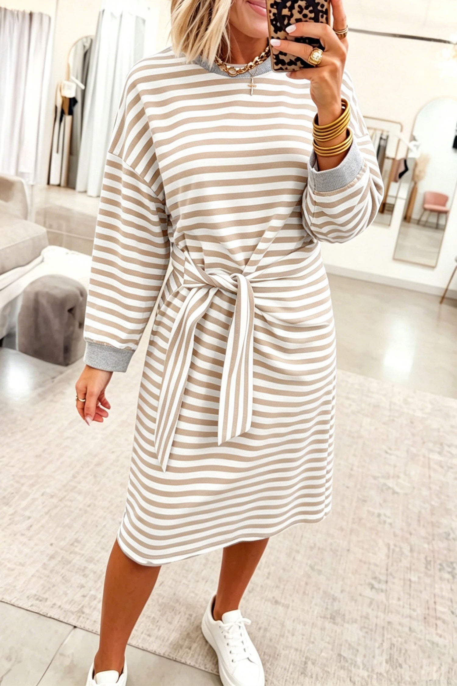 Khaki Stripe Striped Colorblock Cuffs Round Neck Long Sleeve Shift Dress 🇺🇸