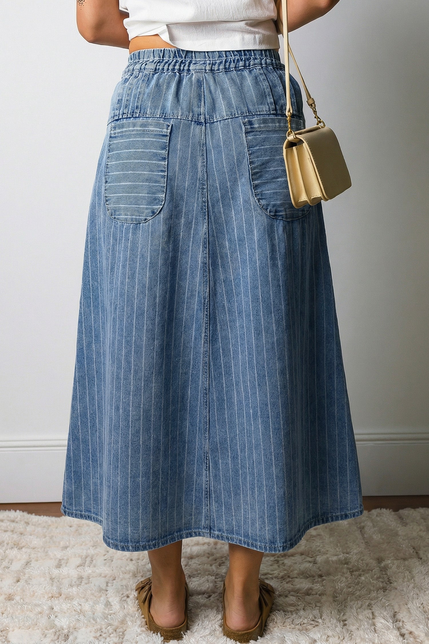 Sky Blue Stripe Button Pintuck High Waist Drawstring Denim Midi Skirt 🇺🇸
