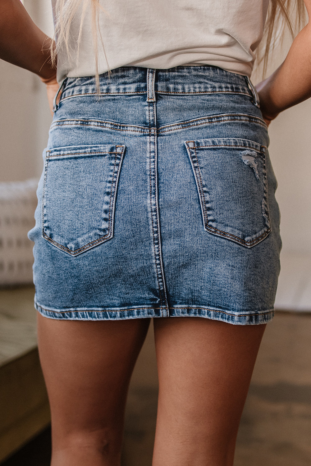 Dusk Blue Rhinestone Distressed Denim High Waist Mini Skirt 🇨🇳