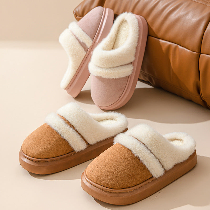 Fashion Warm Cotton Slippers For Women Leisure Thick Bottom Non-slip Plus-velvet House Shoes Winter Bedroom Floor Suede Slipper 🇨🇳