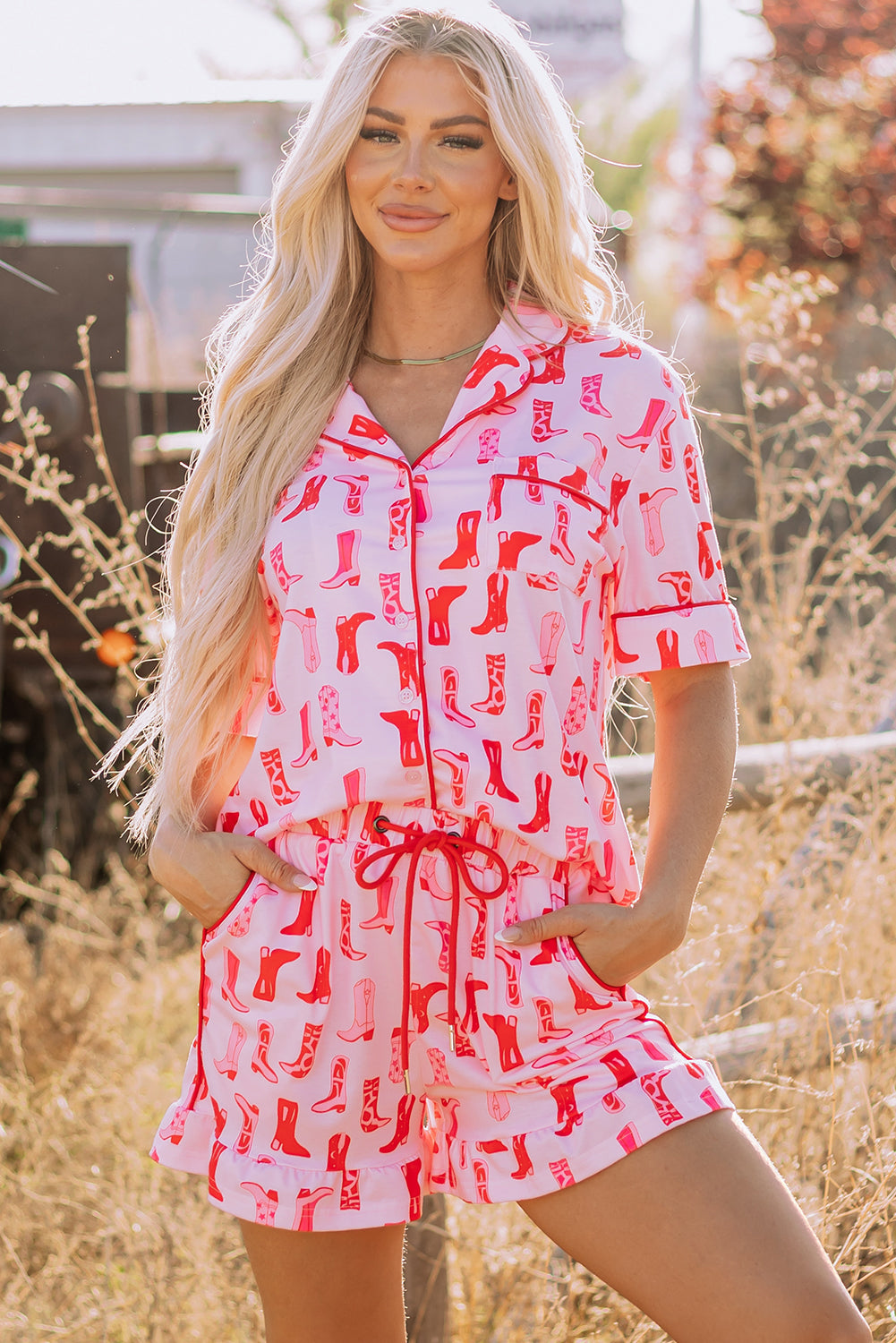 Pink Western Cowgirl Boots Printed Shirt Ruffled Shorts Pajama Set 🇨🇳