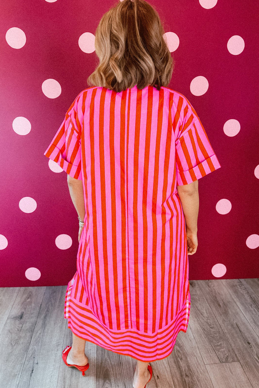 Red Stripe V Neck Cuffed Sleeve Relaxed Split Midi Dress 🇺🇸
