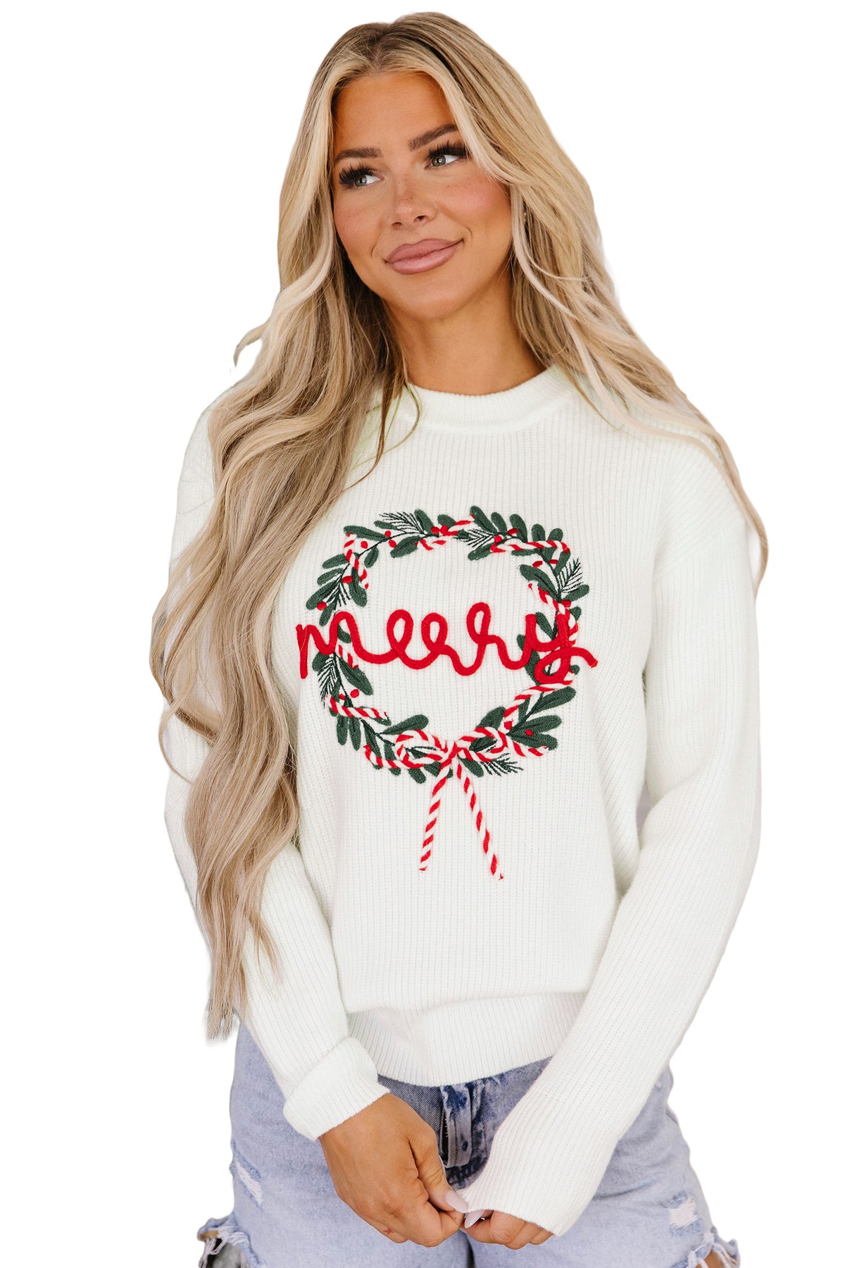 White Christmas Wreath Pattern Round Neck Casual Sweater 🇺🇸