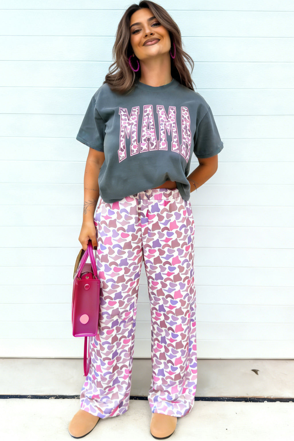 Medium Grey MAMA Letter Graphic Tee Camouflage Print Loose Pant Set 🇺🇸