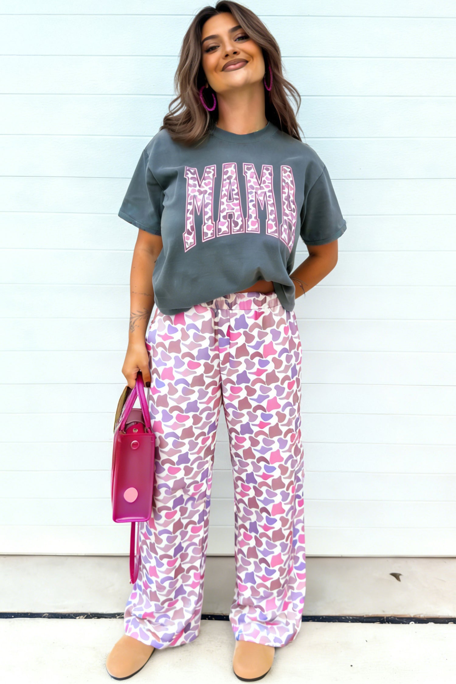 Medium Grey MAMA Letter Graphic Tee Camouflage Print Loose Pant Set 🇺🇸