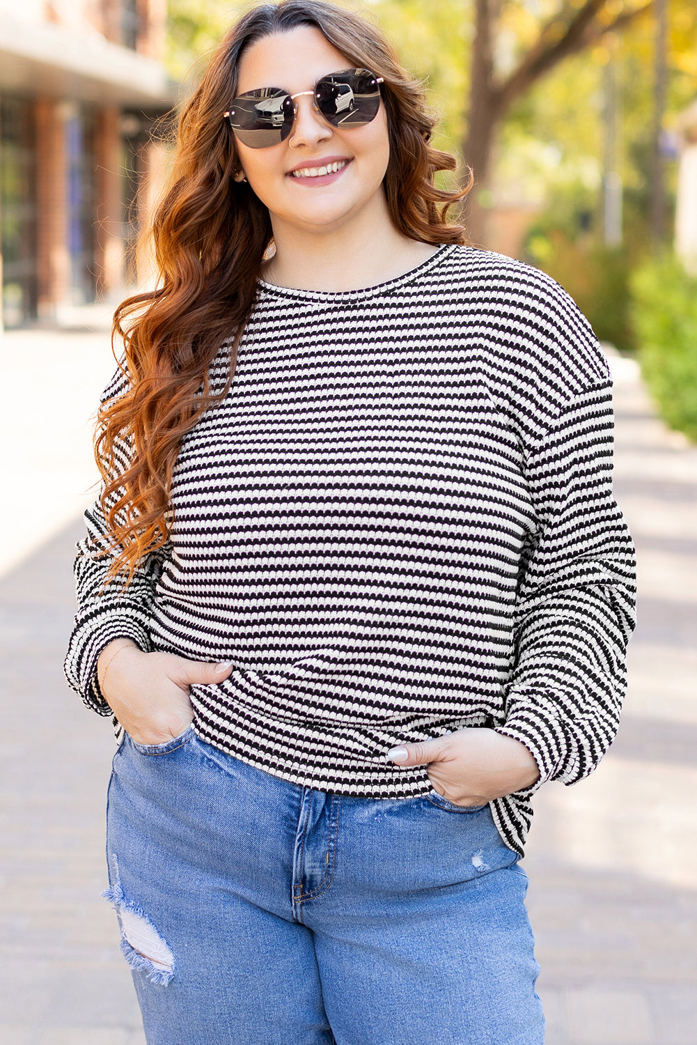 Black Stripe Drop Shoulder Puff Long Sleeve O Neck Plus Size T Shirt 🇨🇳