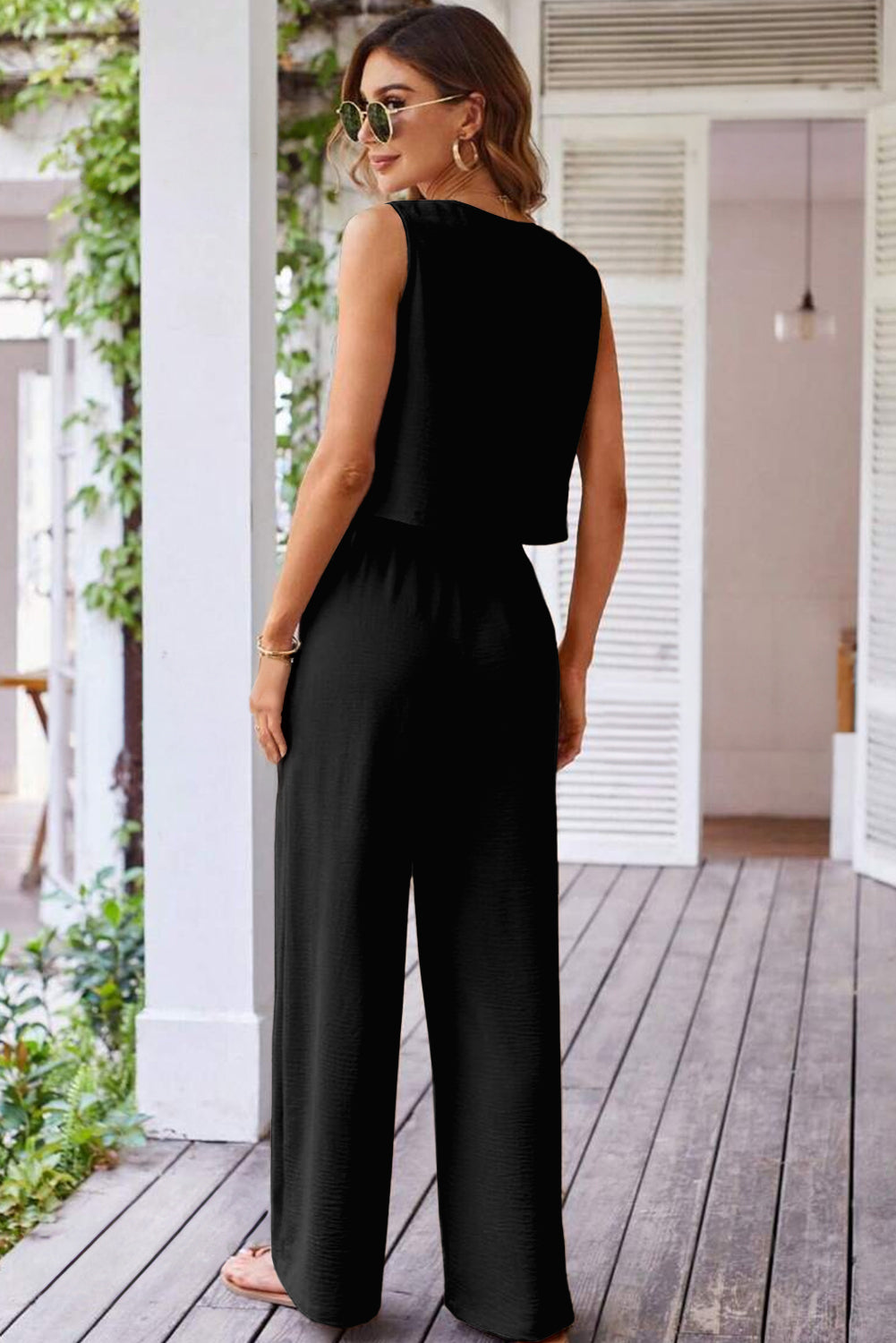 Black Buttoned Vest Drawstring Wide Leg Pants 2pcs Set 🇨🇳