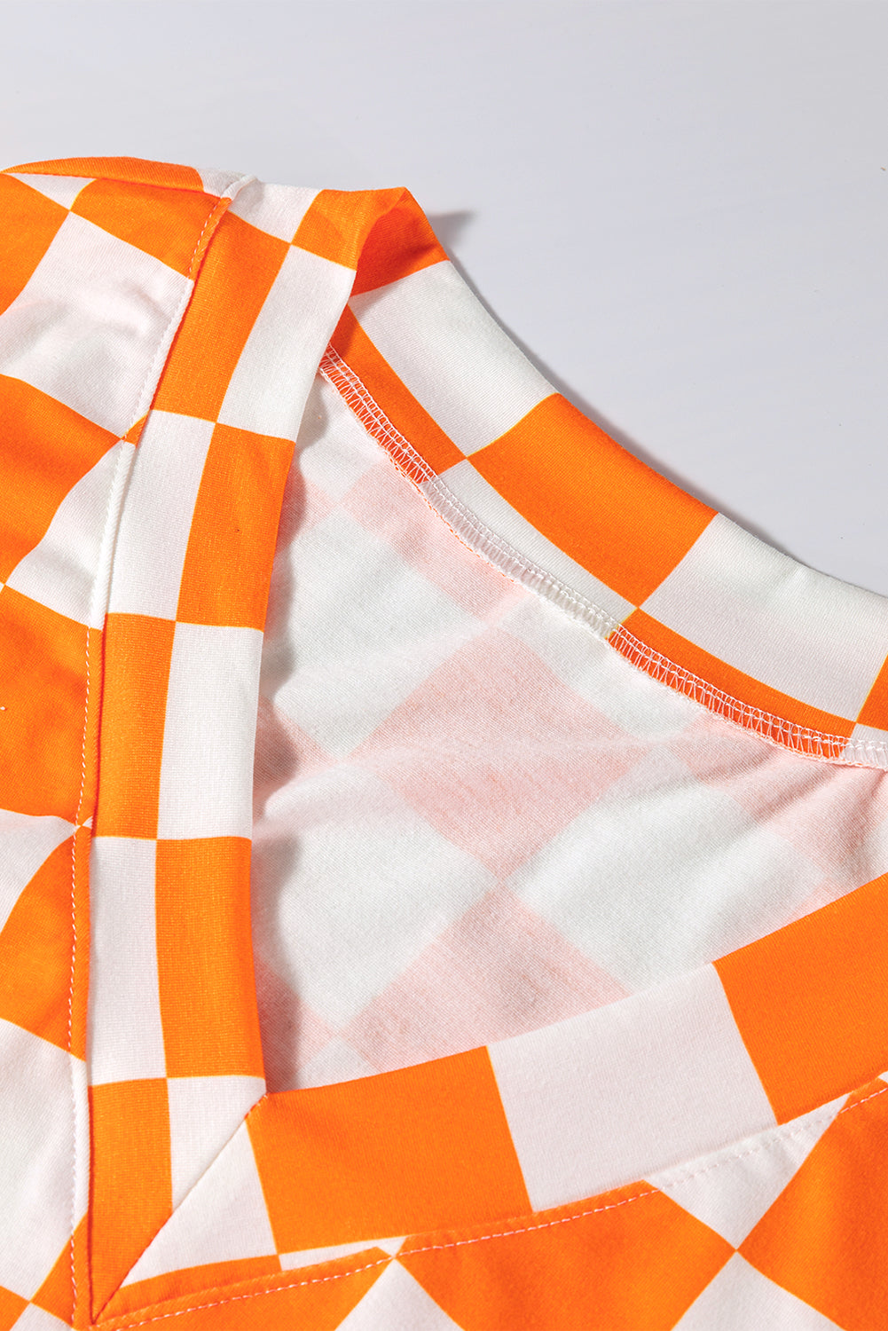 Orange Checkerboard Print V Neck Loose Tee and Shorts Lounge Set 🇨🇳