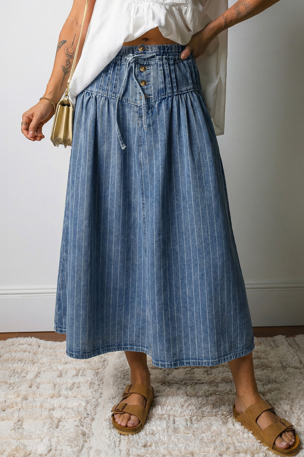 Sky Blue Stripe Button Pintuck High Waist Drawstring Denim Midi Skirt 🇺🇸