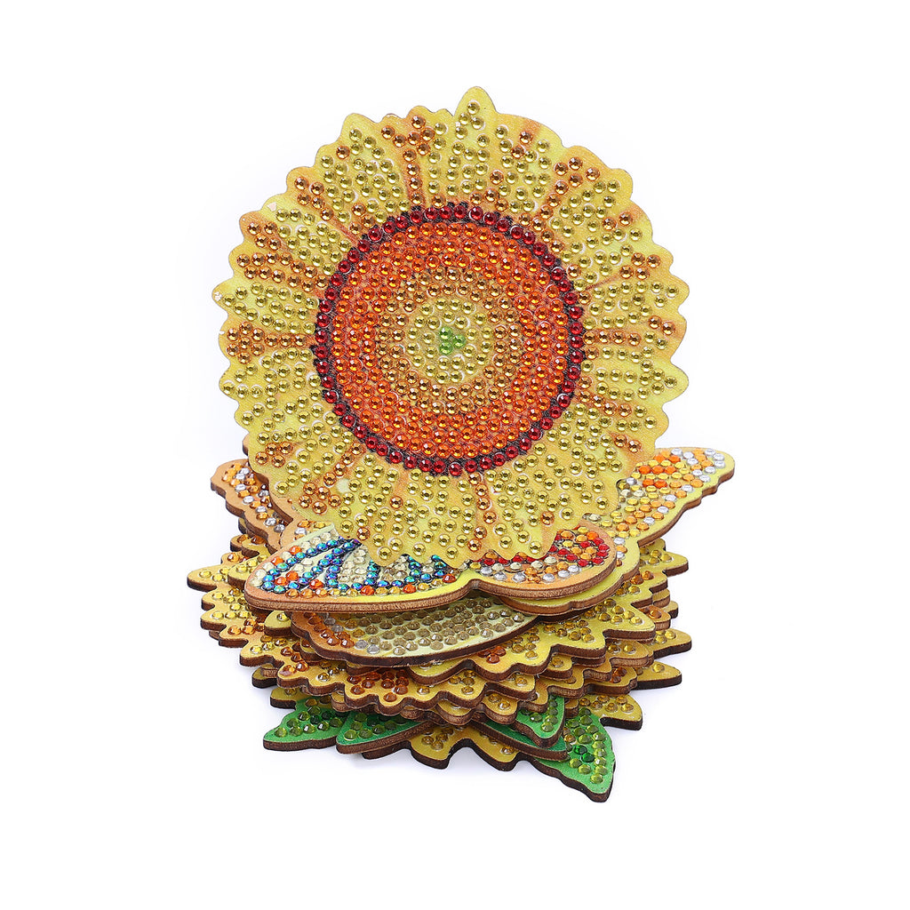 10 Pieces DIY Crystal Glitter Diamond Painted Wooden Art Coaster With Stand Sunflower Style 🇨🇳