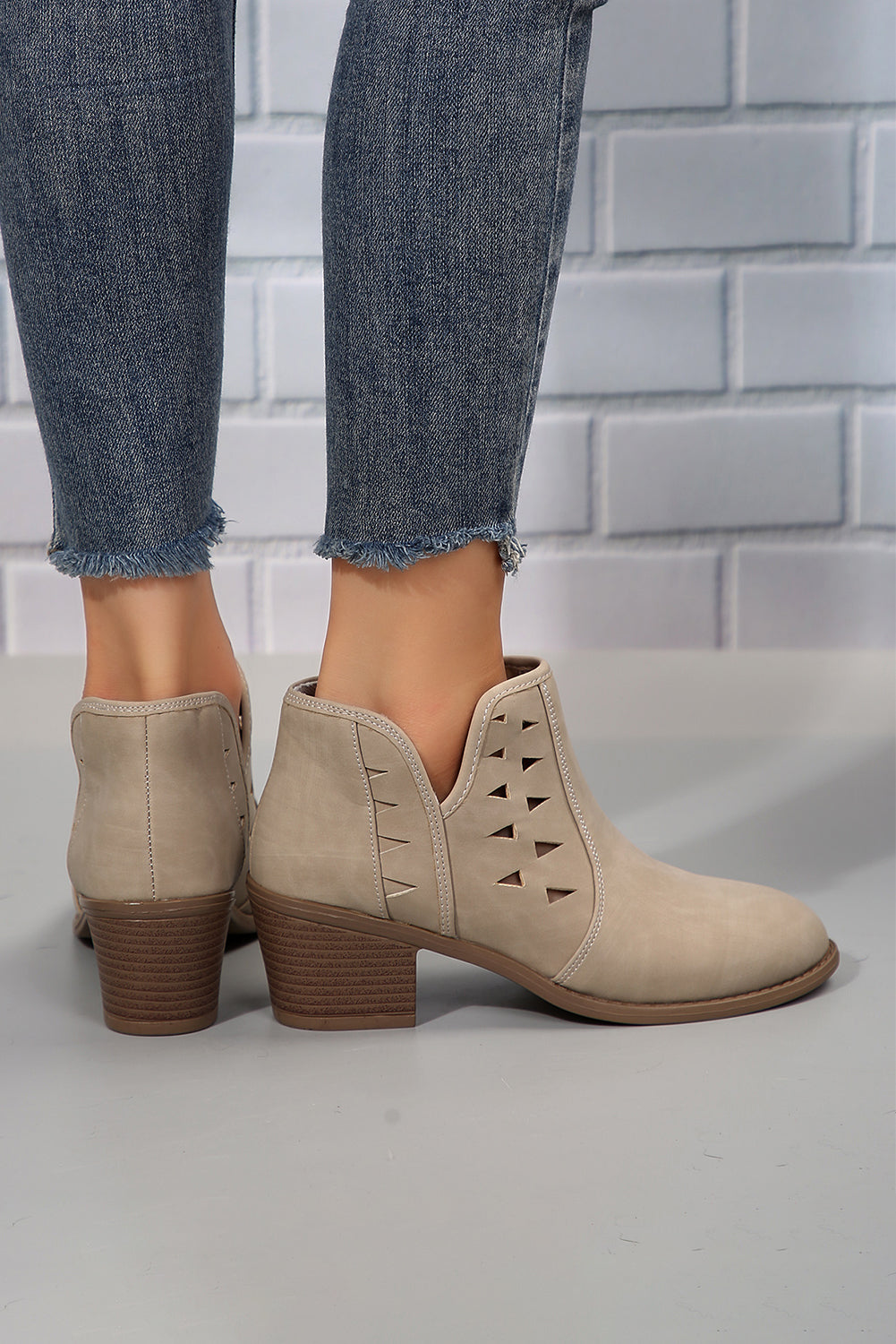 Parchment Cut Out Suede Pointed Toe Heeled Ankle Boots 🇺🇸