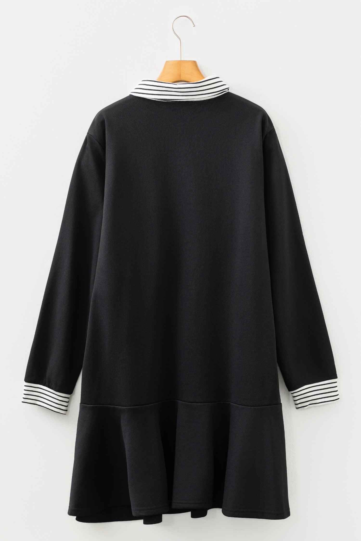 Black Plus Size Striped Cuffs Polo Collar Patchwork Long Sleeve Ruffle Hem Dress 🇺🇸