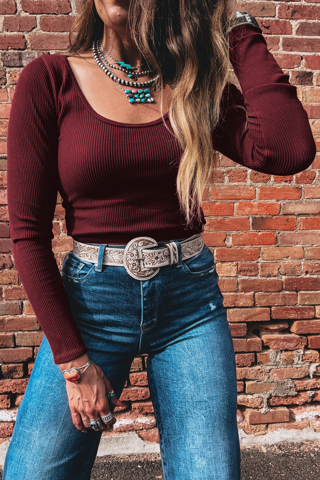 Coffee Ribbed Solid Color U Neck Cropped Long Sleeve Top 🇺🇸