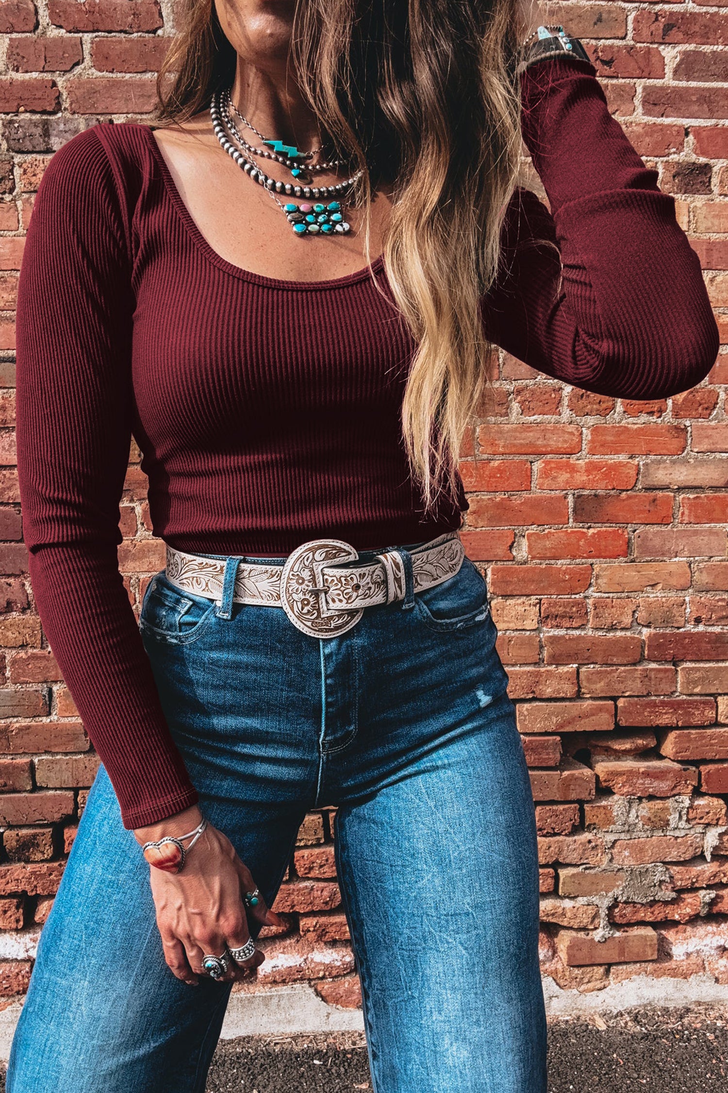 Coffee Ribbed Solid Color U Neck Cropped Long Sleeve Top 🇺🇸
