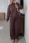 Coffee Solid Color Piping Trim Mock Neck Pullover Drawstring Pants Set 🇺🇸