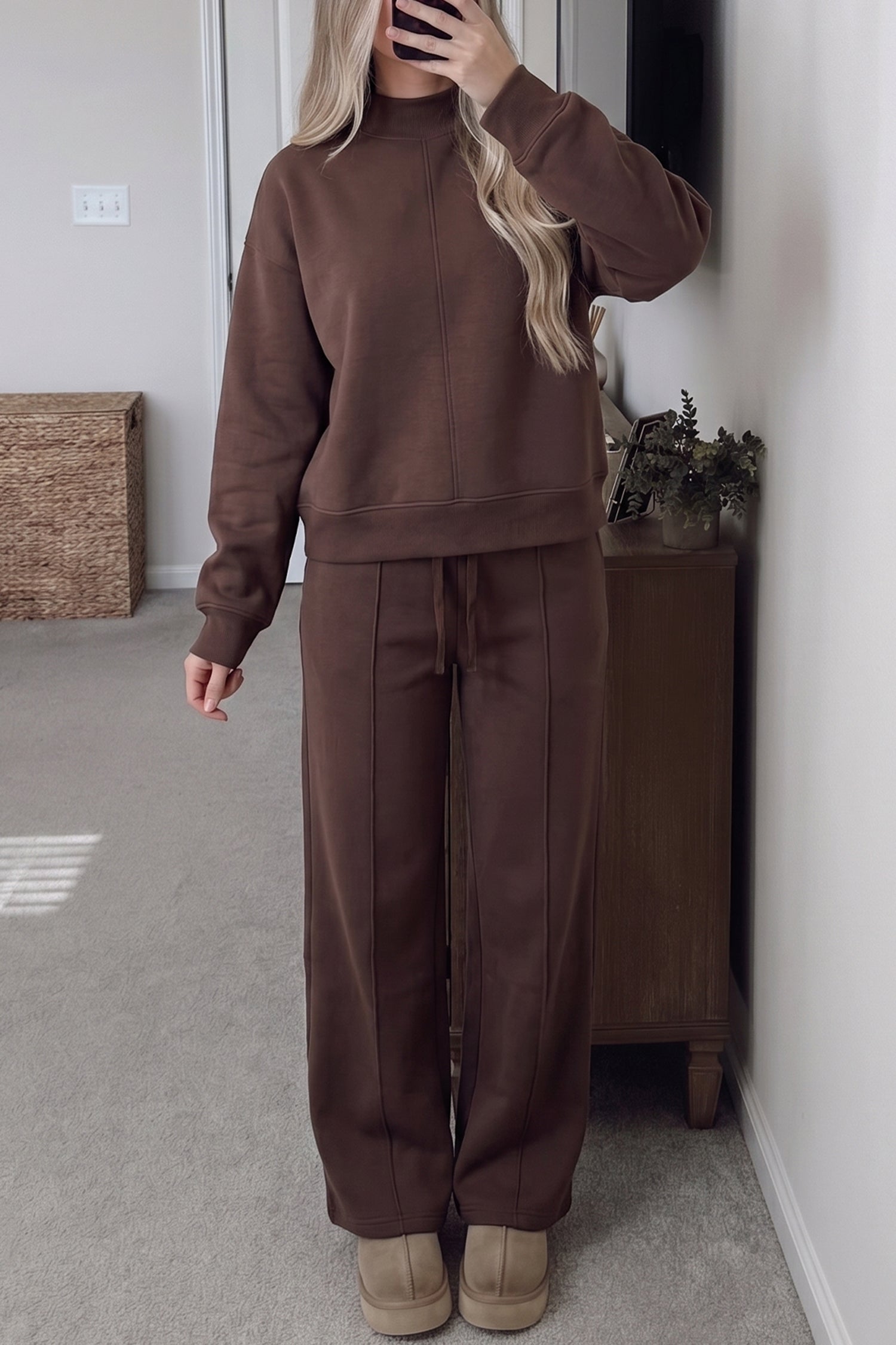 Coffee Solid Color Piping Trim Mock Neck Pullover Drawstring Pants Set 🇺🇸