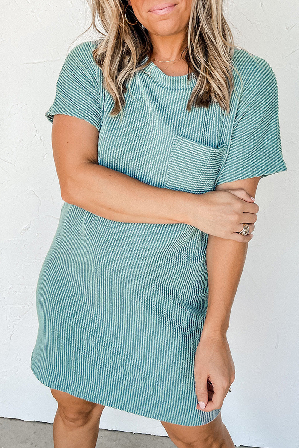 Blue Striped Ribbed Knit T-shirt Shift Dress 🇨🇳