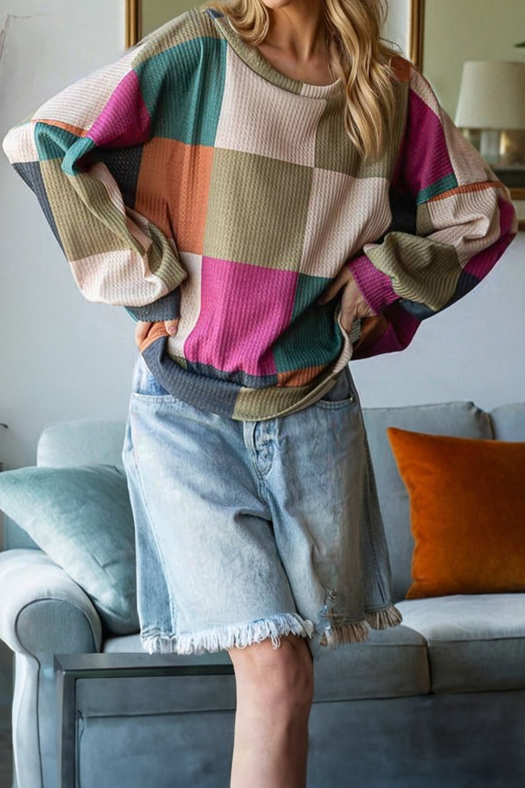 Green Checkered Print Textured Knit Long Sleeve Loose Top 🇺🇸