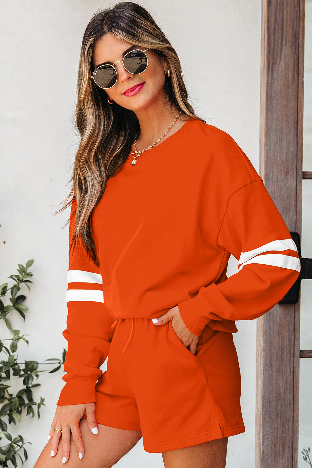Orange Varsity Striped Sleeve Drop Shoulder Sweatshirt and Short Set 🇺🇲
