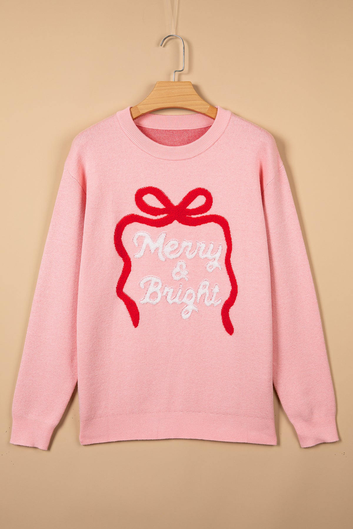Gossamer Pink Drop Shoulder Round Neck Towel Embroidery Slogan Pullover Sweater 🇺🇸