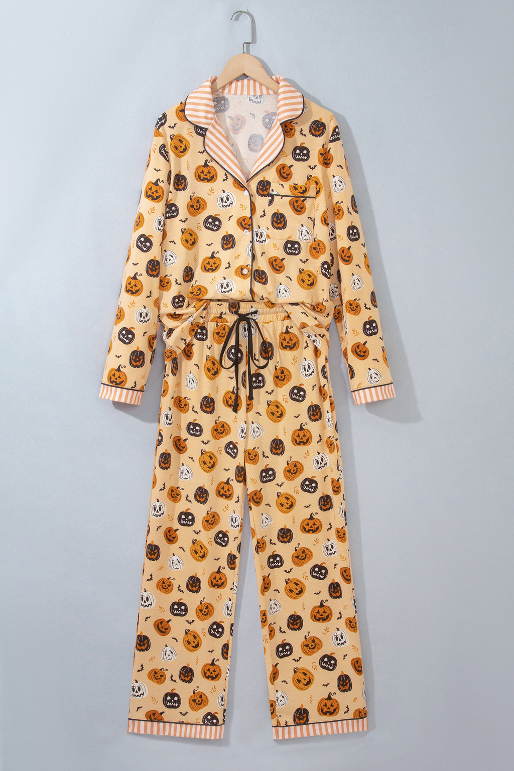 Orange Halloween Pumpkin Print Two Piece Long Sleeve Lounge Set 🇺🇸