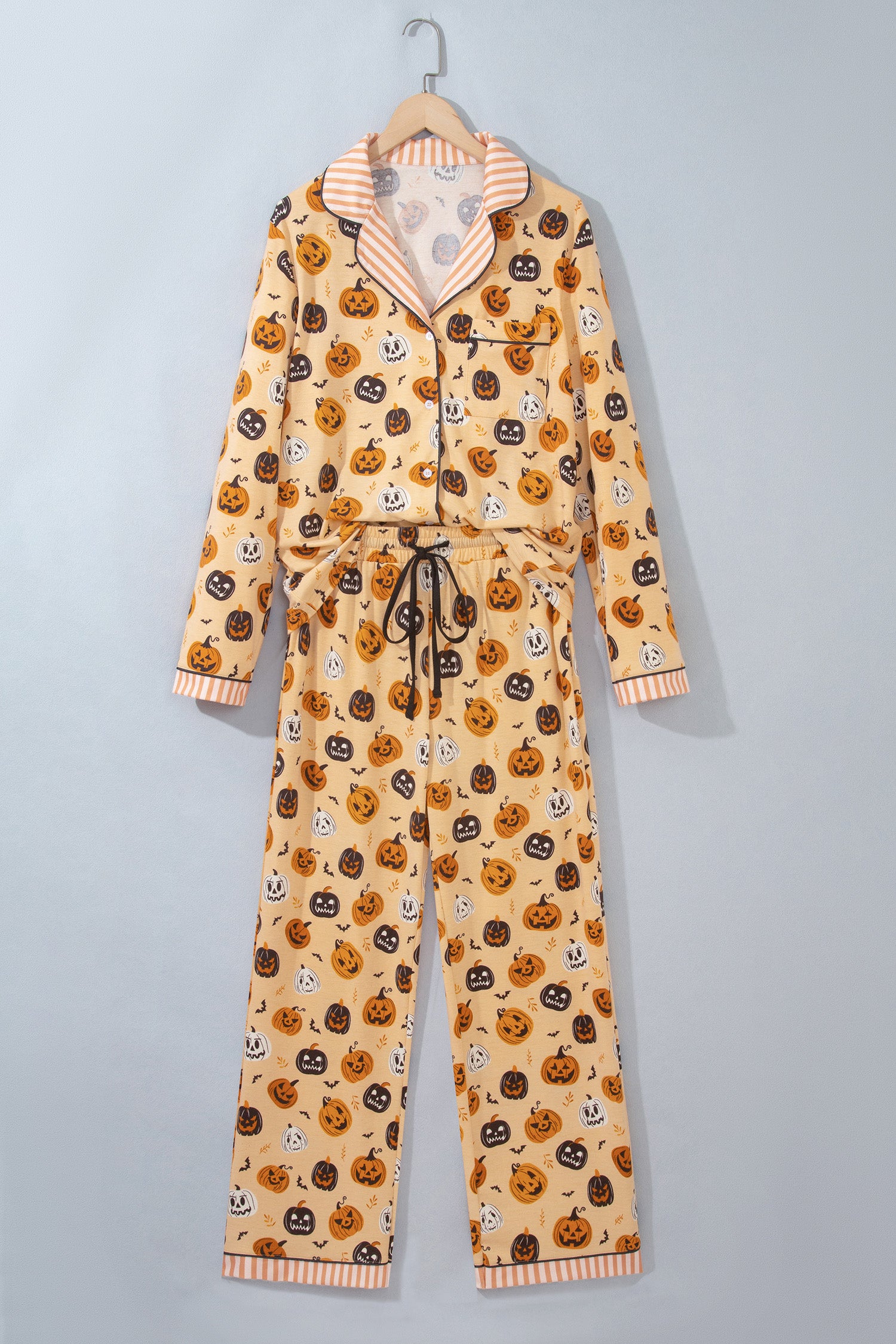 Orange Halloween Pumpkin Print Two Piece Long Sleeve Lounge Set 🇺🇸