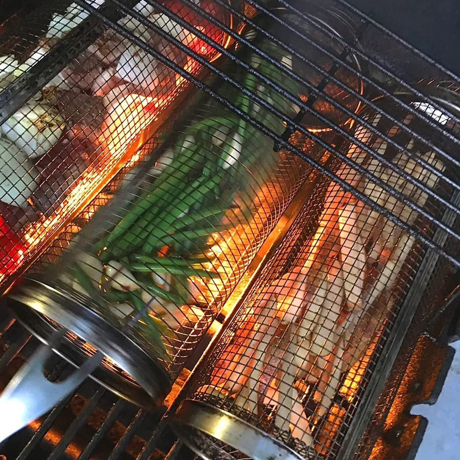 Rolling Grilling Basket Metal BBQ Barbecue Basket Net Portable Outdoor Camping Barbecue Rack Kitchen Gadgets 🇨🇳