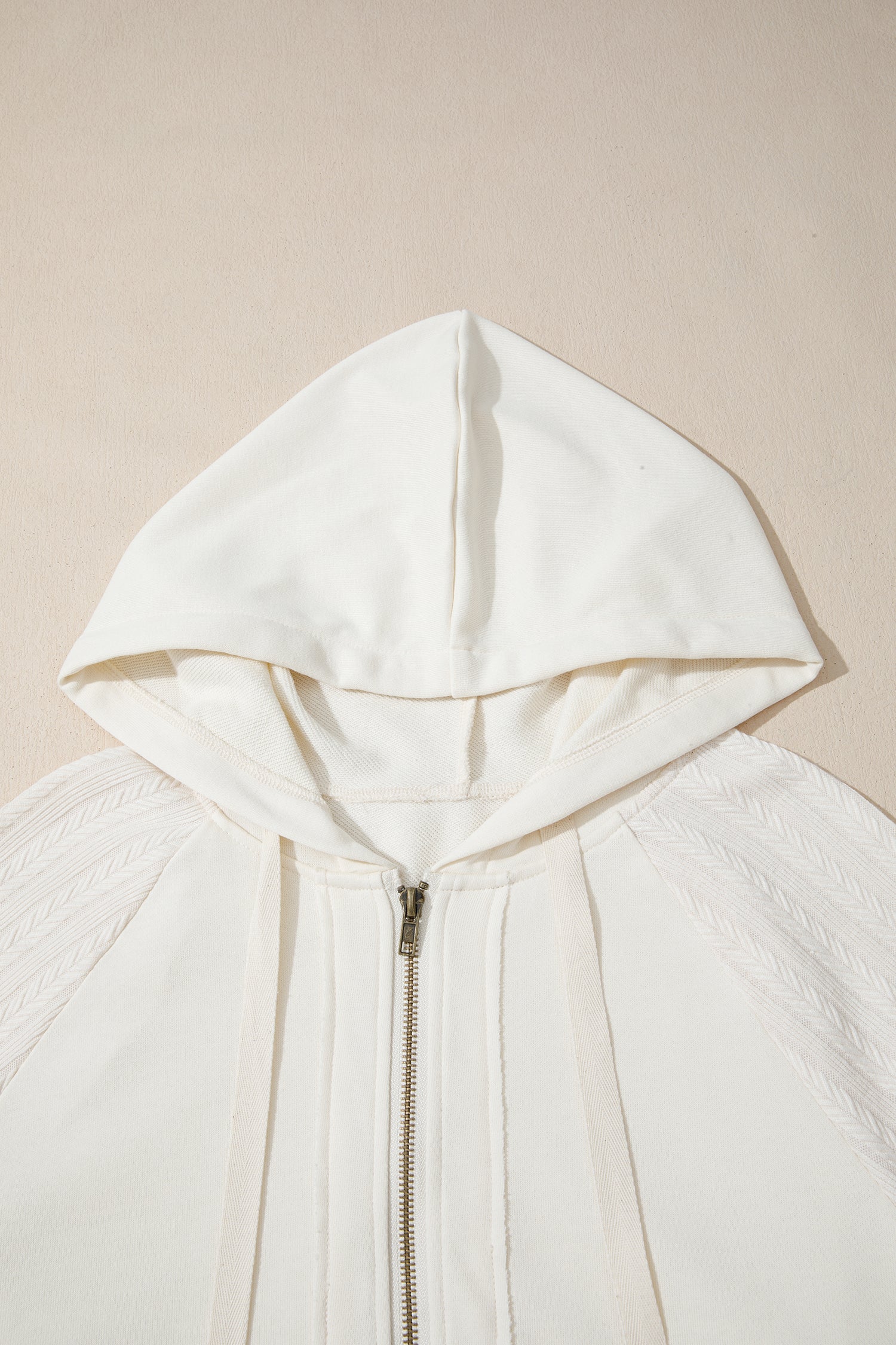 Beige Solid Color Textured Sleeve Patchwork Half Zip Hoodie 🇺🇸