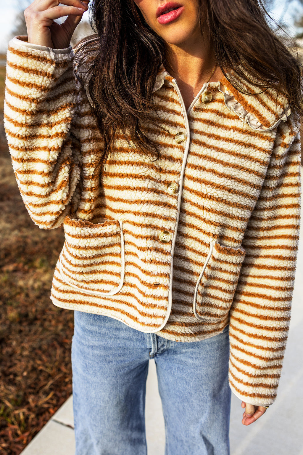 Brown Stripe Striped Fleece Button Front Long Sleeve Regular Fit Jacket 🇺🇸