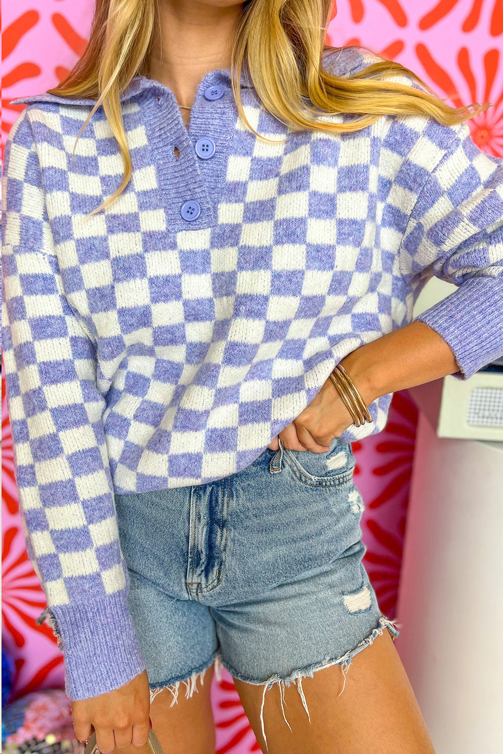 Purple Checkered Collared Buttons Plus Size Sweater 🇺🇸