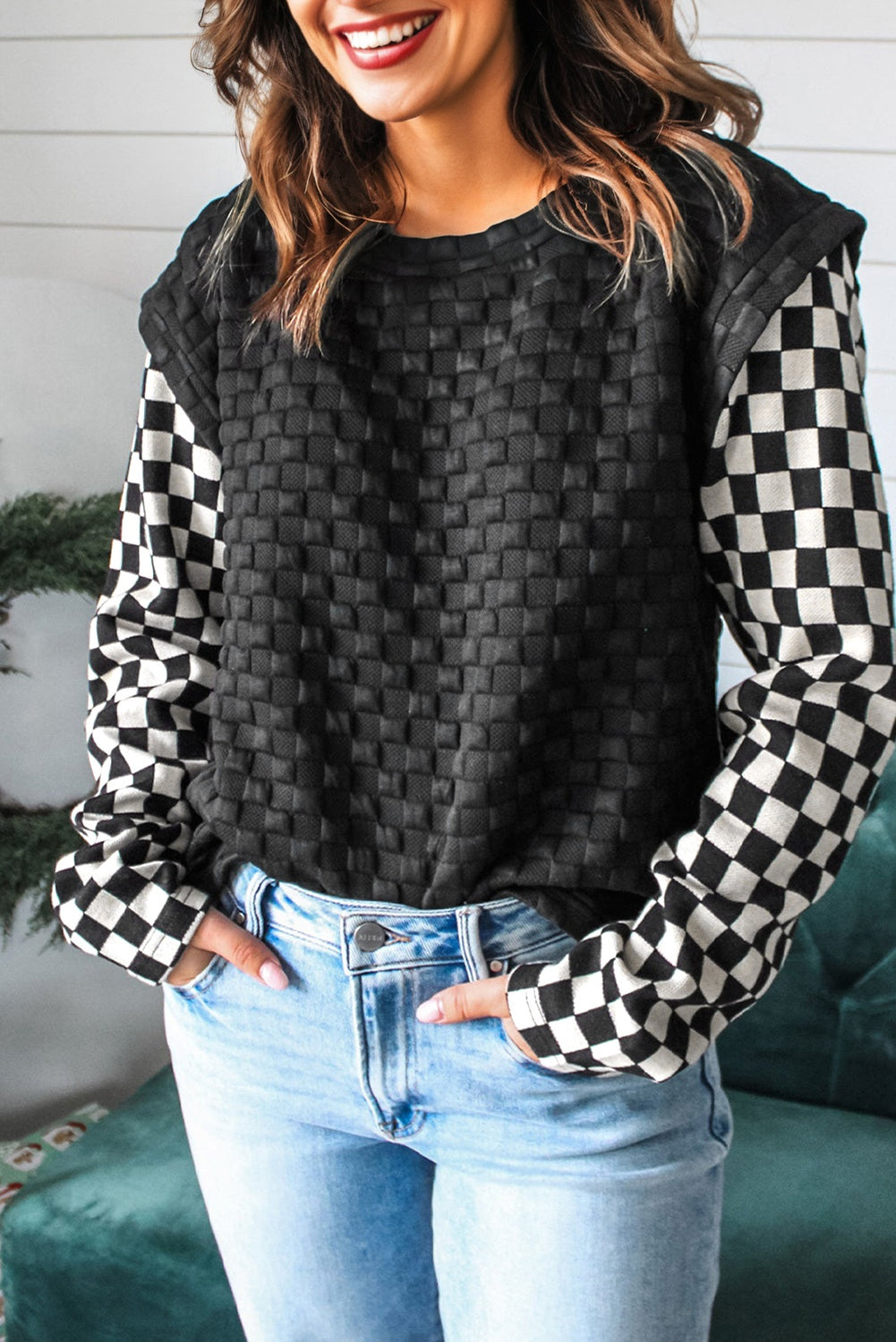 Black Plaid Textured Contrast Checkered Patchwork Long Sleeve Top 🇺🇸