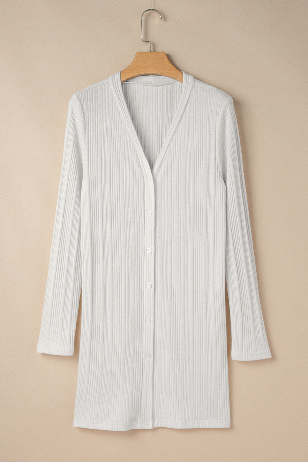 White Solid Color Ribbed Button up Tunic Cardigan 🇺🇲