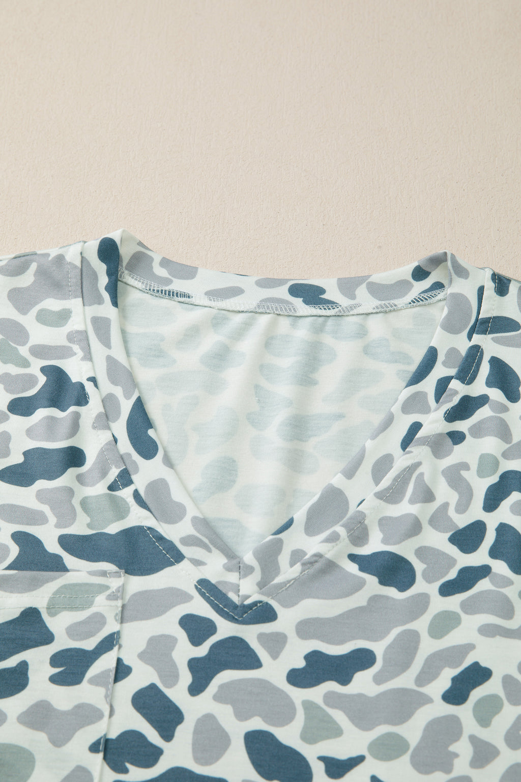 Gray Camouflage Print Single Chest Pocket V Neck Tee 🇺🇸
