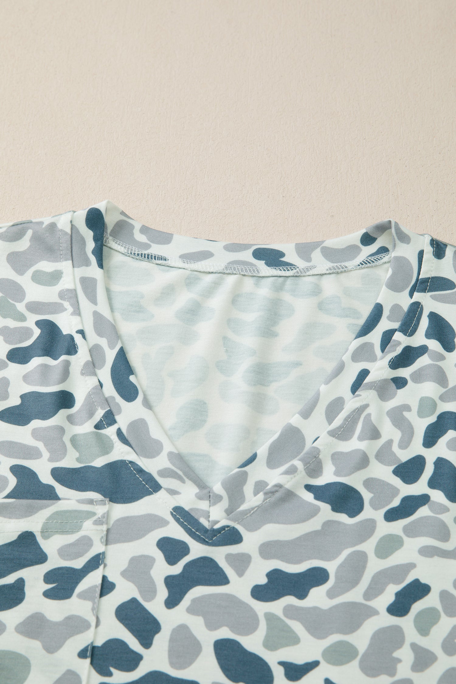 Gray Camouflage Print Single Chest Pocket V Neck Tee 🇺🇸