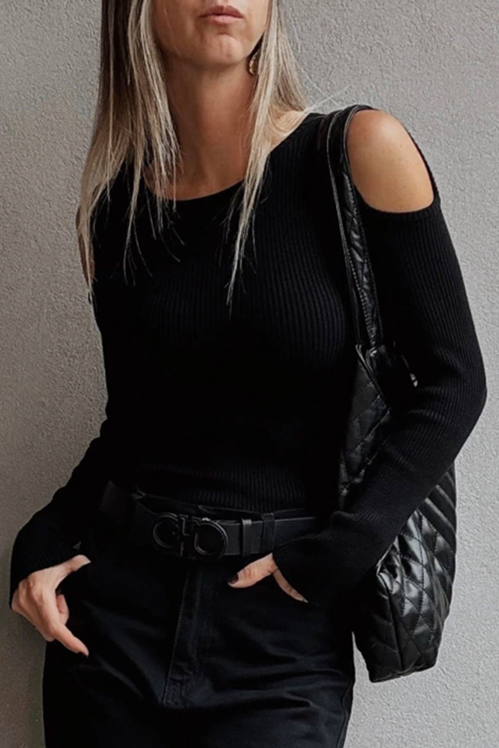 Black Ribbed Knit Cold Shoulder Sweater 🇺🇸
