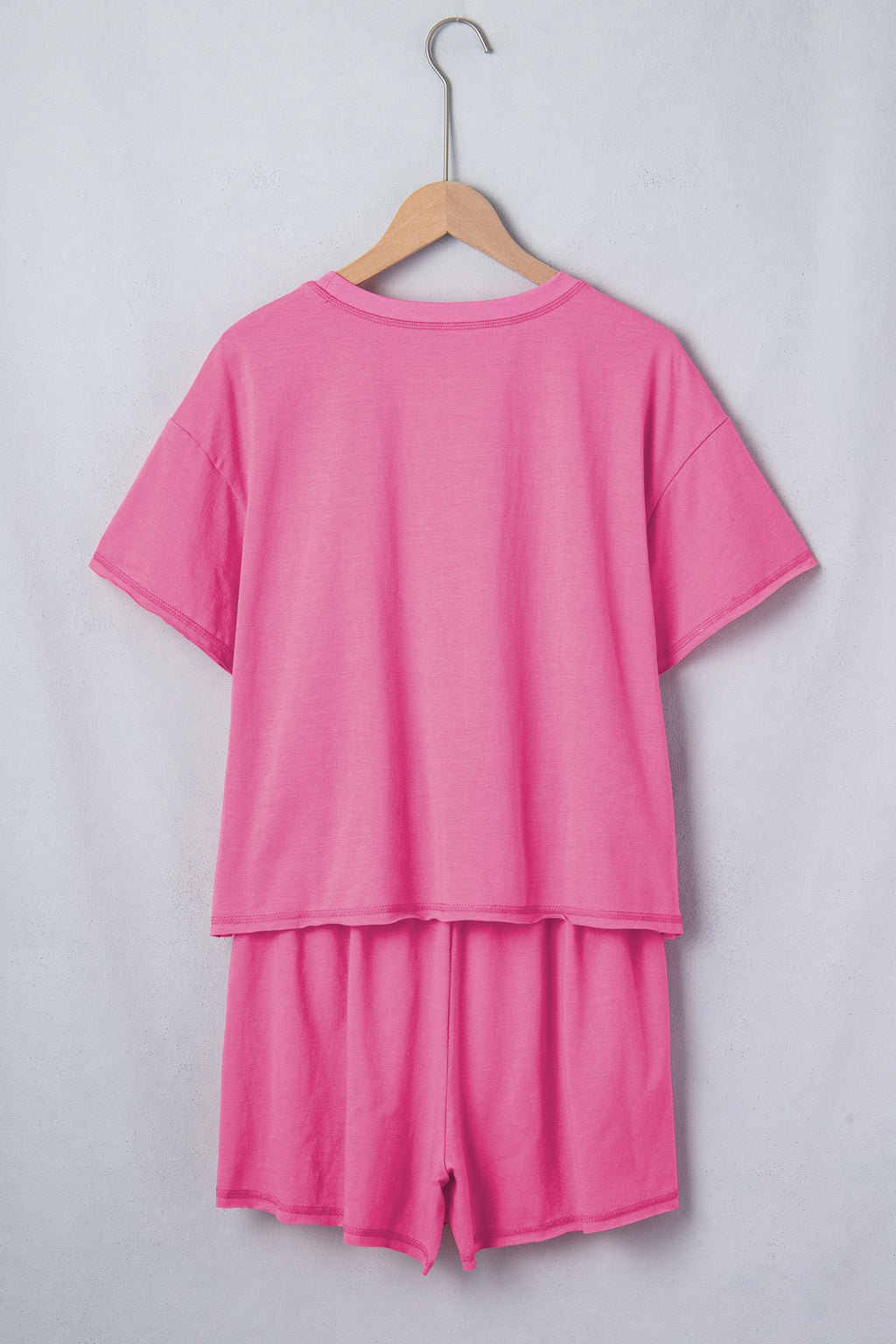 Bright Pink Seam Detail Raw Edge Tee Rainbow Waistband Casual Short Set 🇺🇸