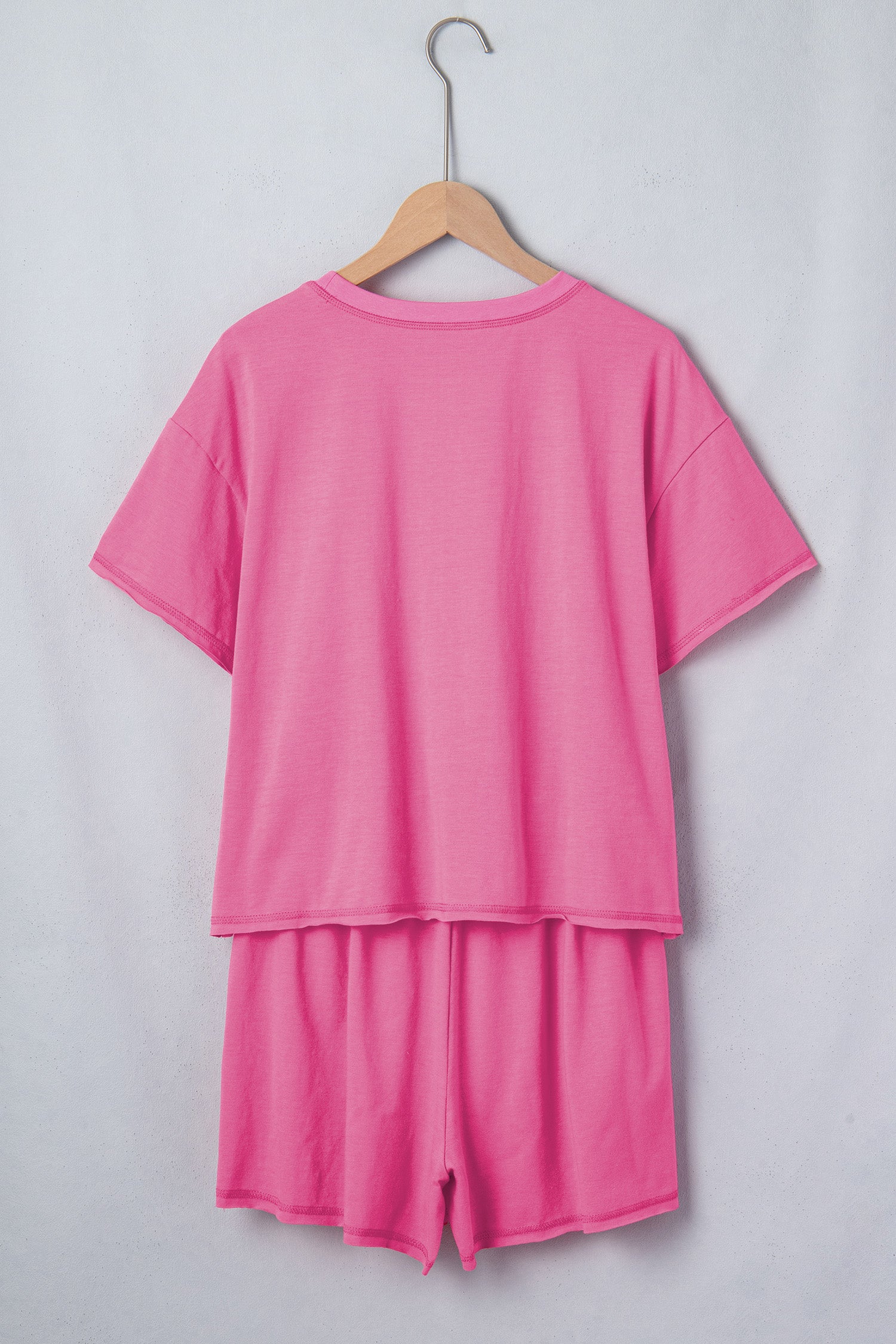 Bright Pink Seam Detail Raw Edge Tee Rainbow Waistband Casual Short Set 🇺🇸