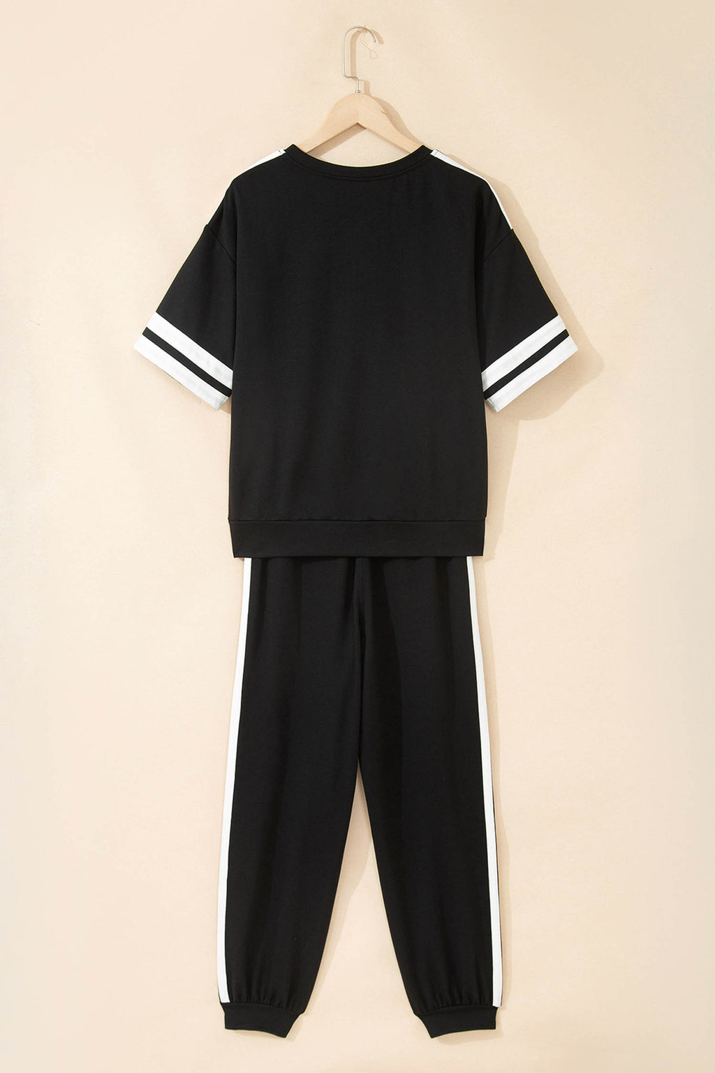 Black Varsity Striped Detail Loose Tee Jogger Pants 2pcs Outfit 🇺🇸