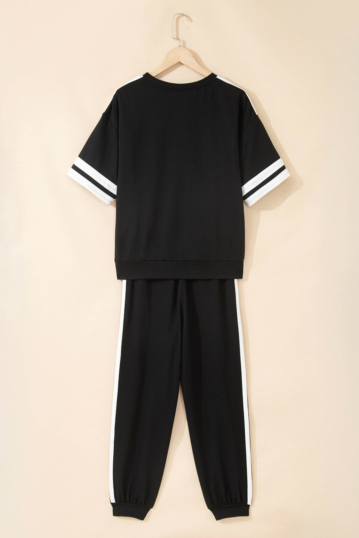Black Varsity Striped Detail Loose Tee Jogger Pants 2pcs Outfit 🇺🇸