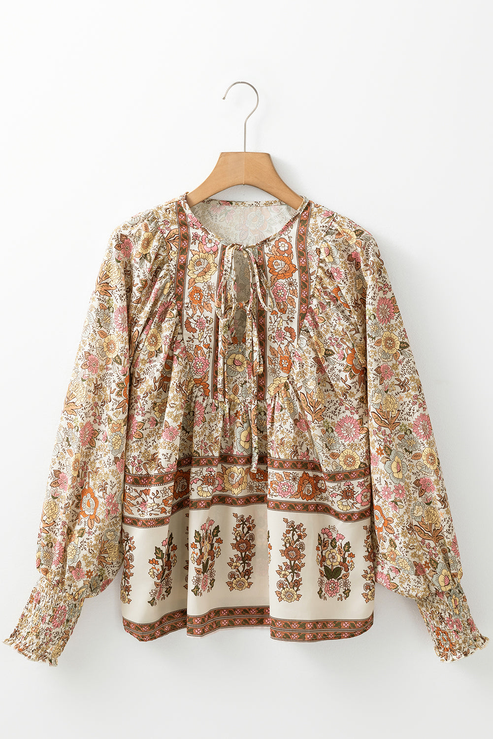 Yellow Floral Print Tie Neck Lantern Sleeve Blouse 🇺🇸